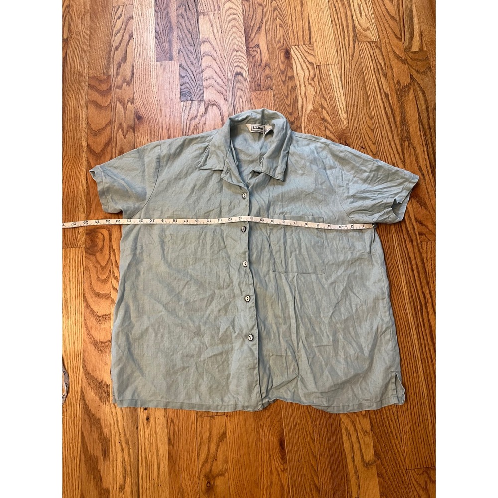 LL Bean Women Medium Linen Short Sleeve Button Down Shirt Sage Green 0G630